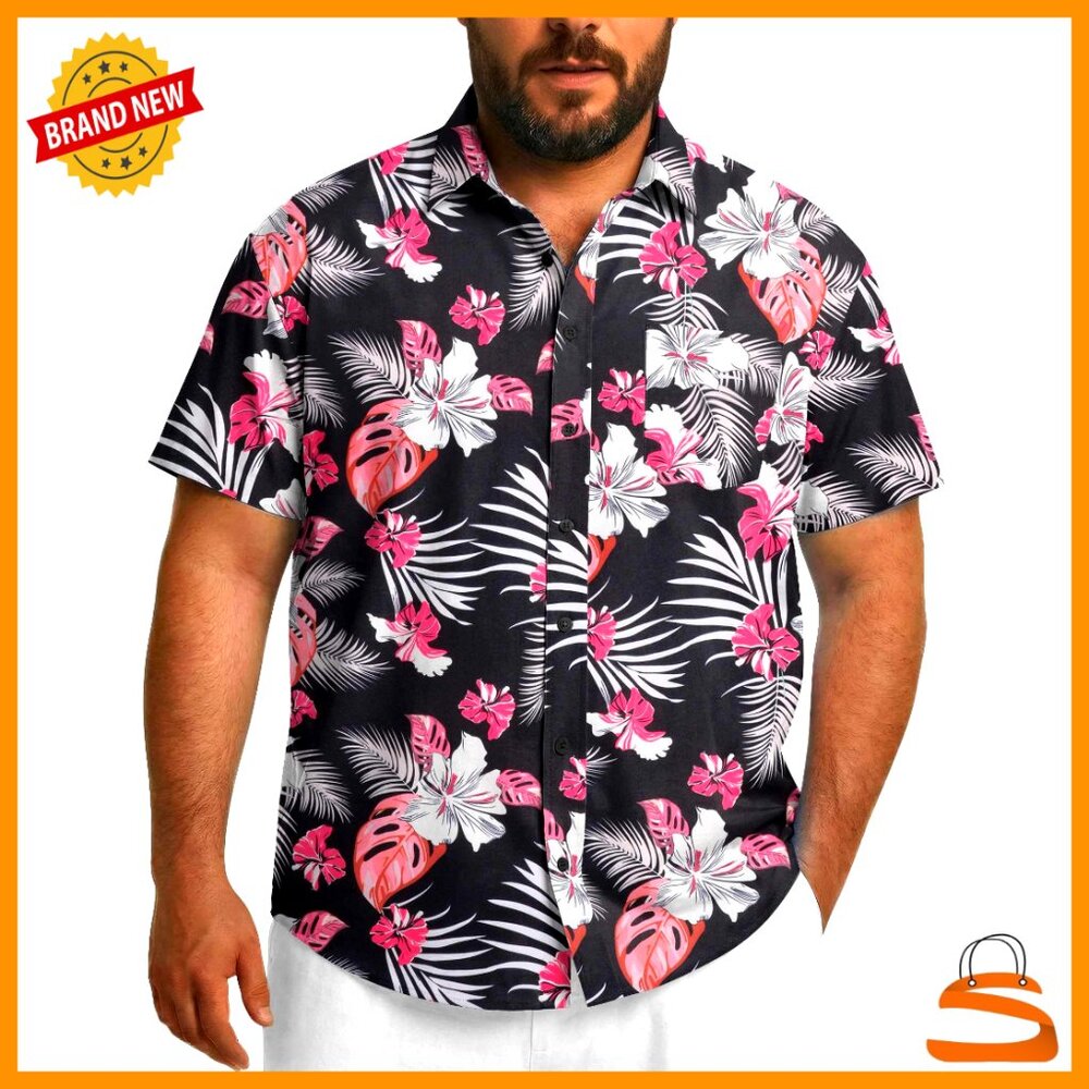 Tropical Floral Button Down Shirt Relaxed Fit Big Tall Summer Casual Beach